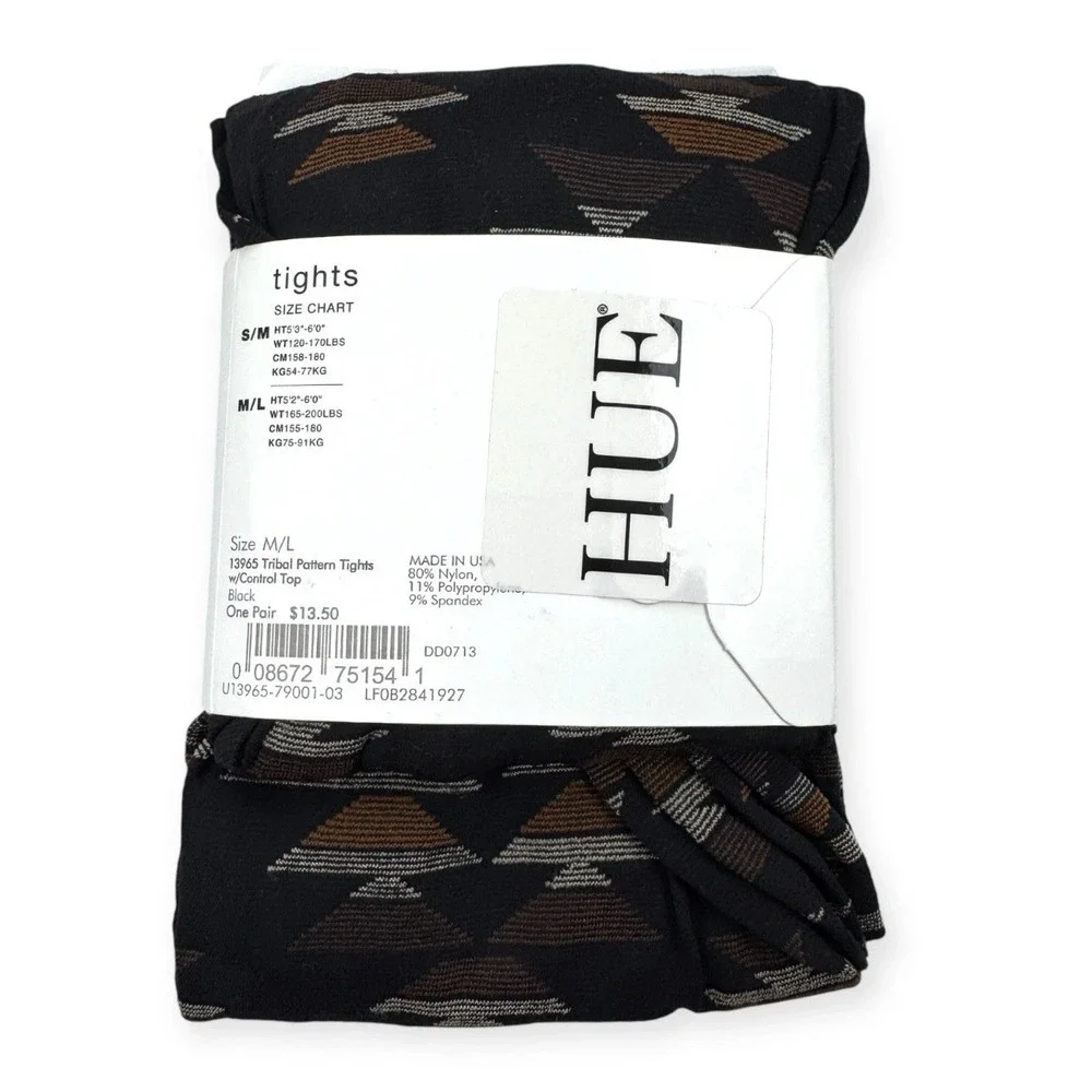 HUE Tribal Pattern Tights Black Brown Control Top Hosiery 13965 Womens M/L New
